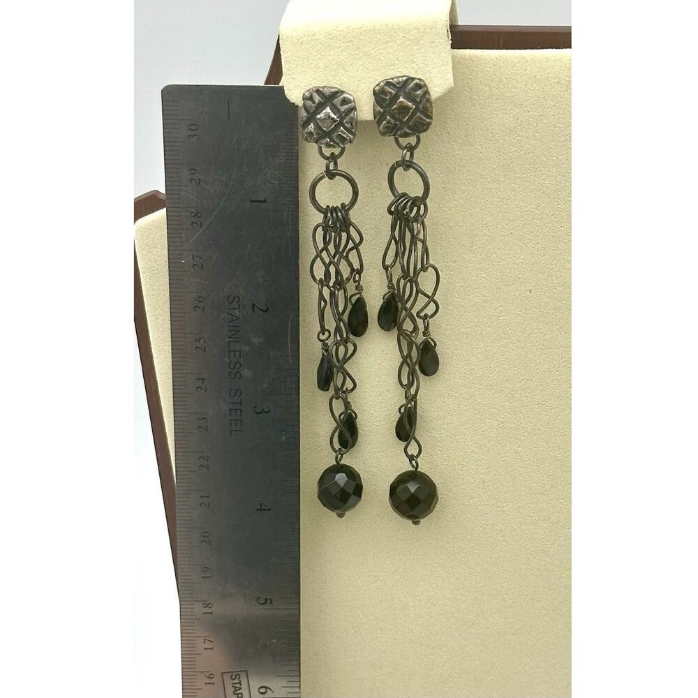 Vintage MOB 925 Mexico Long Dangling Chandelier Earrings With Black Beads - Picture 5 of 9